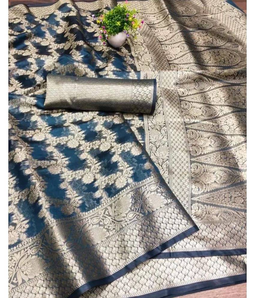 Gullak Organza Embellished Saree With Unstitched Blouse Piece ( Teal )