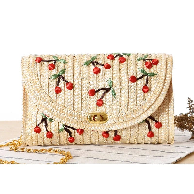 Fashion Straw Women Clutch Bags Cross-body Rattan Weave Shoulder Bag Ladies Wicker Summer Beach Cherry Purse