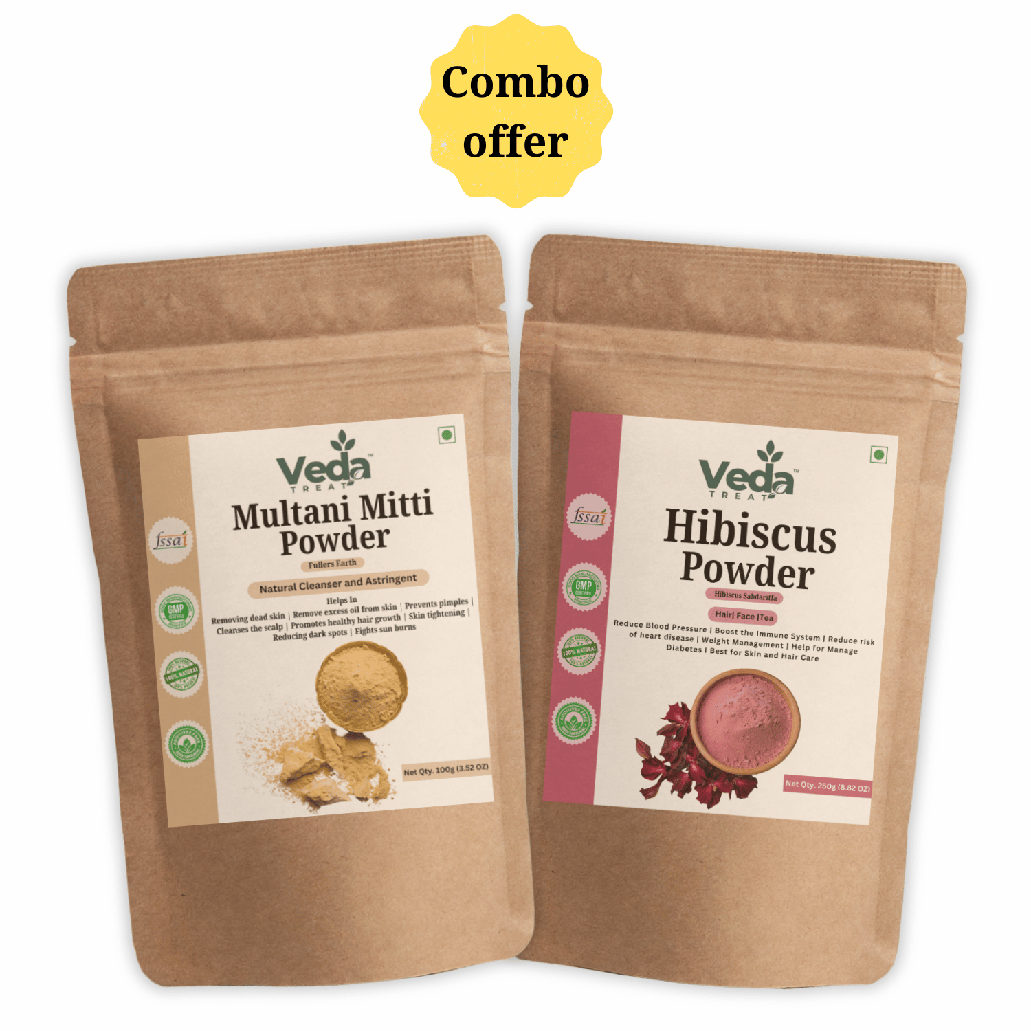 VedaTreat Multani Mitti and Hibiscus Powder: 100% Pure & Natural Combo