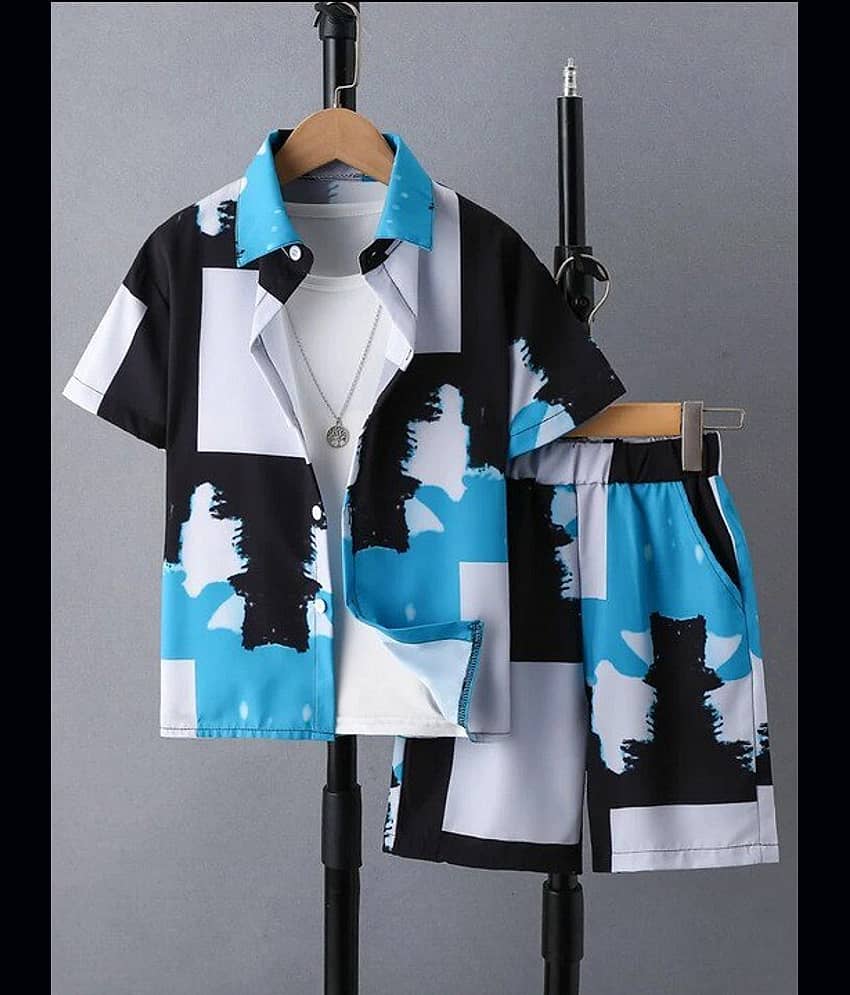 Ocvito Pack of 1 Baby Boys Cotton Blend Shirt & Shorts ( Blue & White )