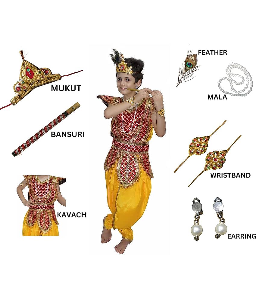 Kaku Fancy Dresses Krishna Costume for Kids | Kids Krishna Dress for Janmashtami/Kanha/Krishnaleela/Mythological Character Krishna Fancy Dress Costume for Boys/Girls - Yellow (3-4 Years)
