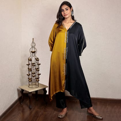 Half & half Modal silk asymmetric kurta with hand embroidery-XS