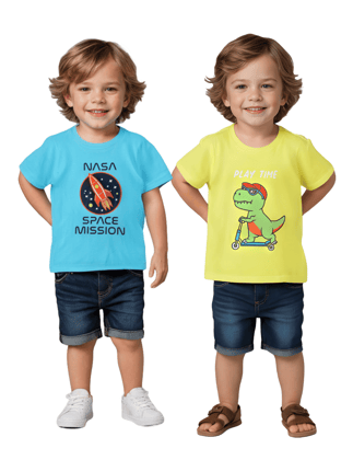 Boys T-Shirt Scuba Blue / Sulphur Spring Lime, Soft Cotton, Ages 2-6 (2pcs pack)