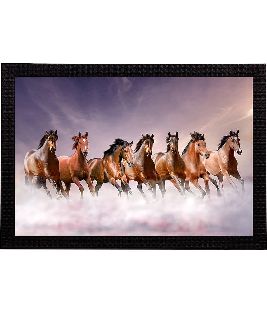 eCraftIndia Purple & Brown 7 Lucky Running Horses Satin Matt Texture Framed UV Art Painting