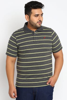 Men's Plus Size Polo Collar Yarn Dyed Stripes T-Shirt - Light Green & Anthra Melange-XXL / Light Green & Anthra Melange