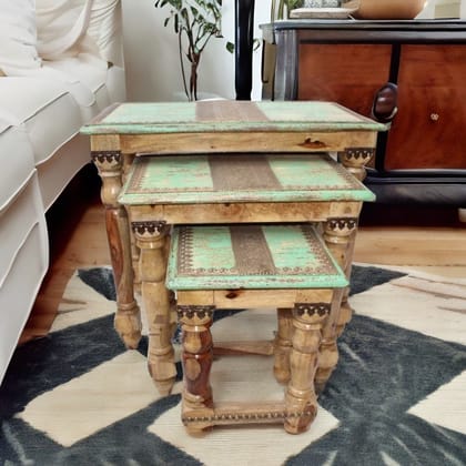 Brass Indian Wood Nesting Stool Set of 3