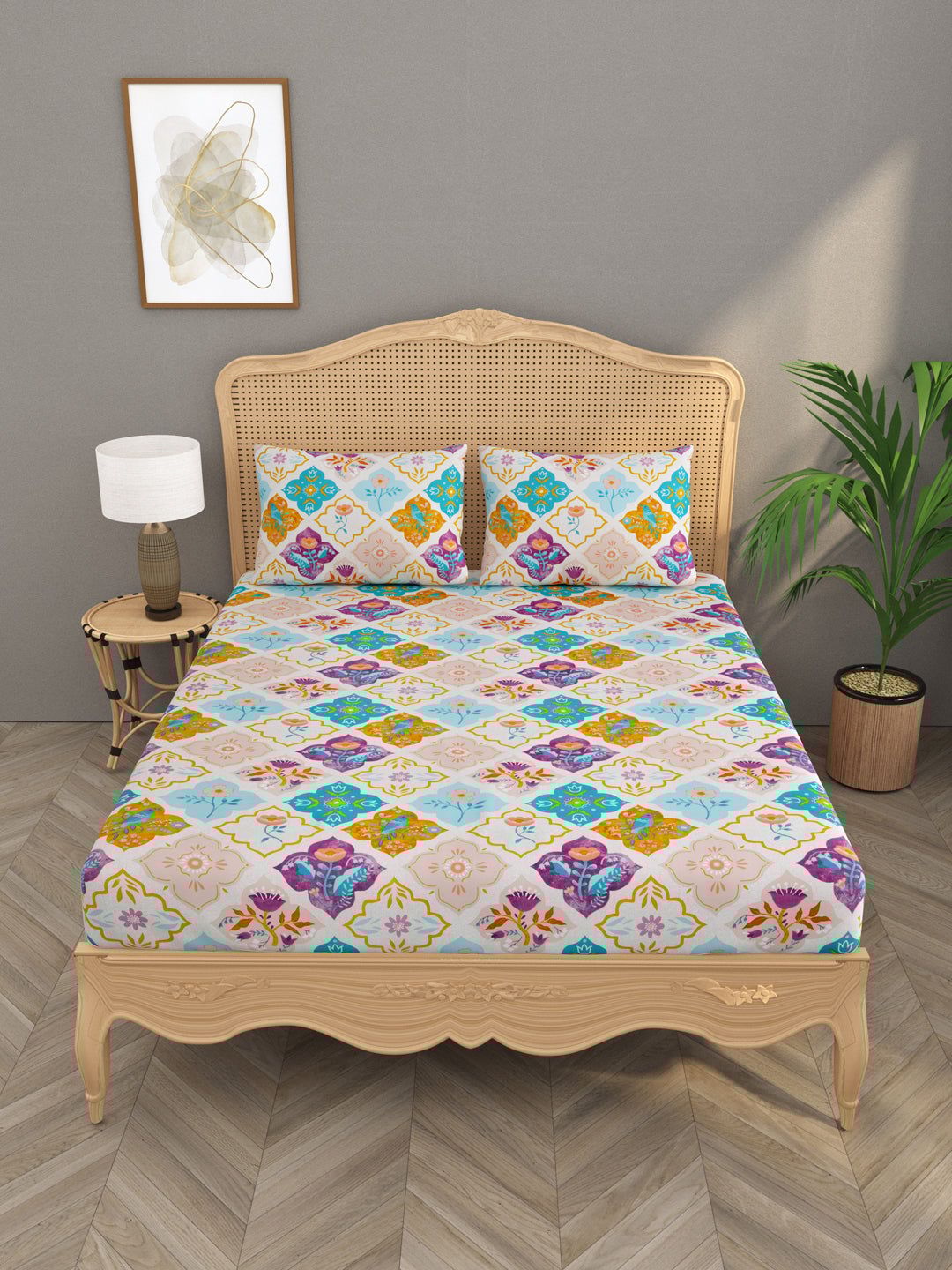 House of Gulab 100% Cotton Double Bedsheet (Floral, Purple)-Ethnic Motifs / Double King (90X108 Inches) / Regular