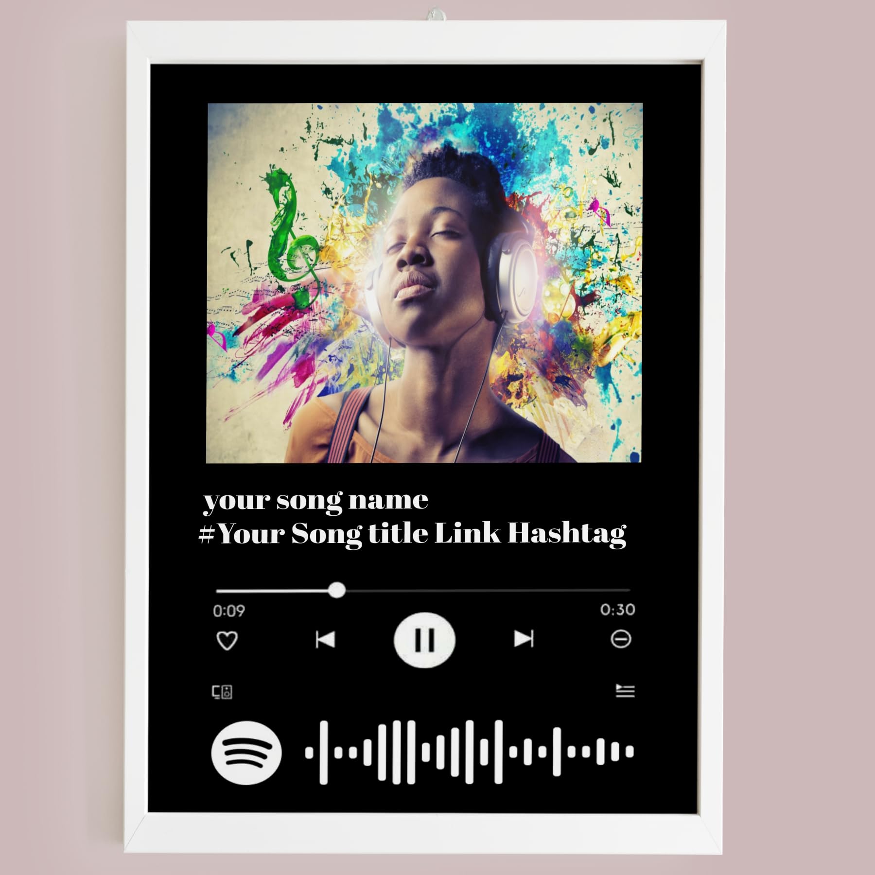 Personalized Spotify Black Background Song Barcode with Photo & Message Digital Print Engineered Wooden Frame (5X7 Inch, White Frame)