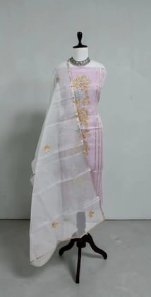 Hand-Embroidered Kota Doria Cotton Silk Dress Material in Lilac
