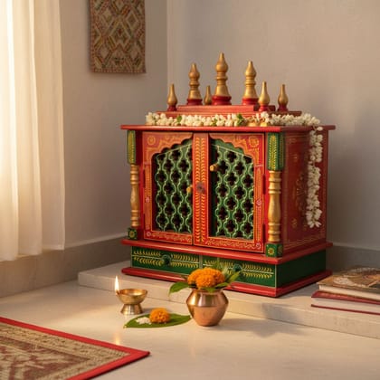 Handicraft Wall-Temple, Fine-Art Painted Pooja-Mandir, Home Living Wooden Temple