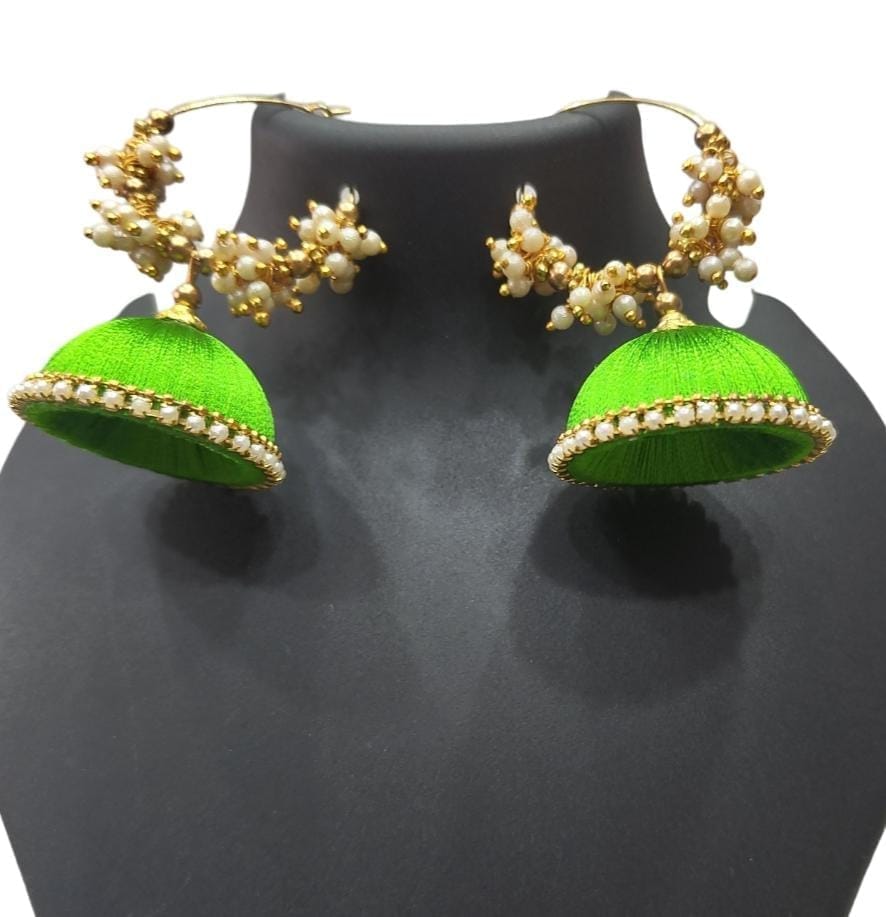 Green Jhumka Earrings with Pearl Beads
