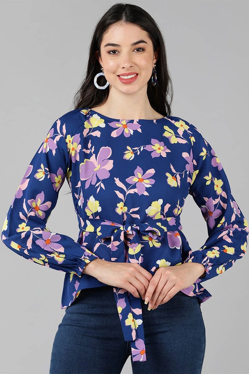 Navy Blue Georgette Floral Print Top VT1187