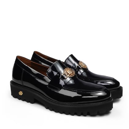 Patent Leather Super Chunky Sole Black Loafers with Golden Lion Logo-40/6