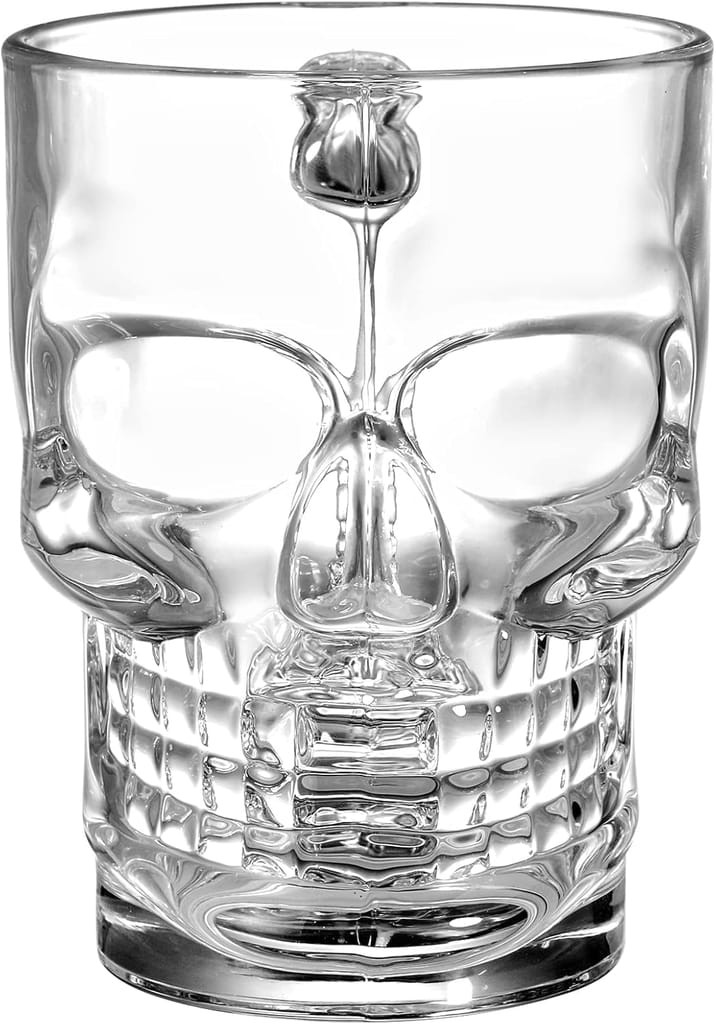 Skull Glass Beer Mug with Handle, Heavy Base Funny Beer Stein Cup Clear Drinking Glasses for Whisky, Wine, Juice, Bar, Halloween Decorations Gifts (510 ML)