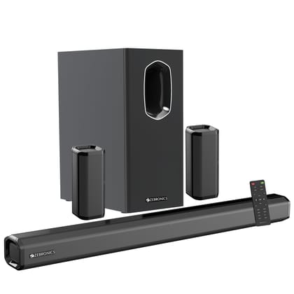 ZEBRONICS Juke BAR 7400 PRO 5.1 Channel soundbar with 6.5" subwoofer, 400W RMS, Dual Rear Satellites, HDMI (ARC), Optical in, AUX, BT v5.0, USB in, Remote Control,LED Display and Wall Mount(Black) Black / 180W