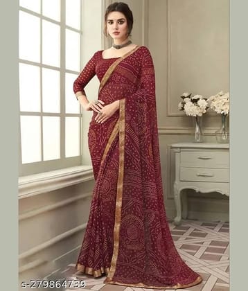Nandini Creation Chiffon Printed Saree With Unstitched Blouse Piece ( Maroon )