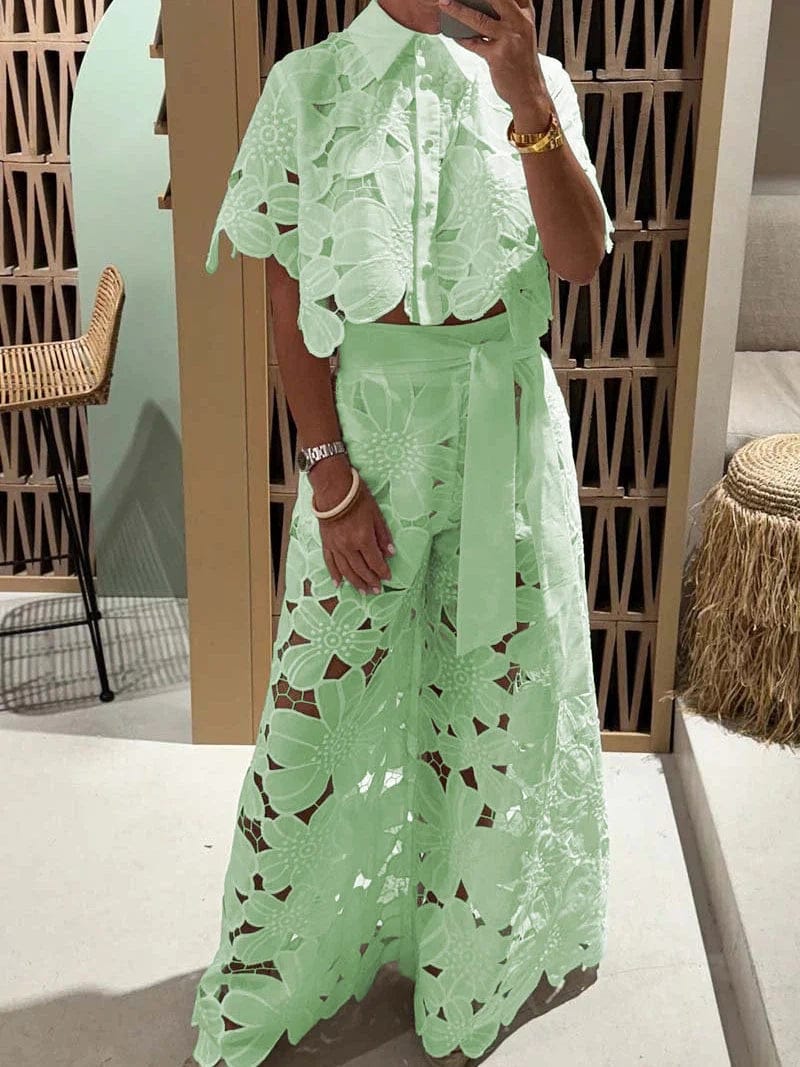 Flower Lace Cutout Crop Shirt & Wide Leg Pant Coord Set-Green / M