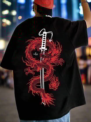 Men Cotton Dragon Back Printed Anime Oversized T shirt for Men-S