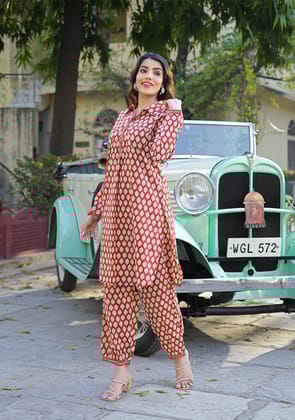 Red Ethnic Printed Cotton Fabric Shirt Kurta With Trouser-XS