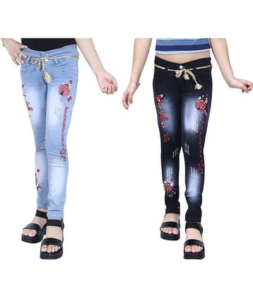 KUNDAN Girl's Sky Blue & Black Slim Fit Jeans ( Pack of 2 )