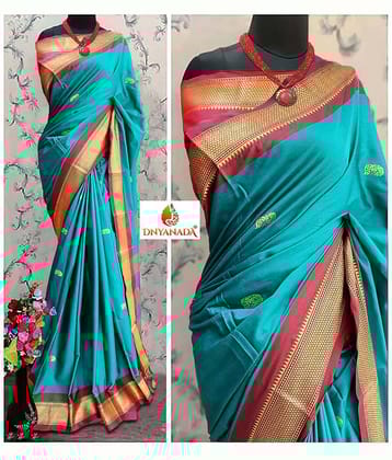 Mysstre Cotton Silk Woven Saree With Unstitched Blouse Piece ( Turquoise )