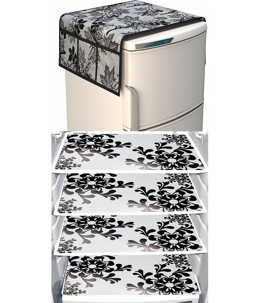 SHUBH Polyester Floral Fridge Mat & Cover ( 99 58 ) Pack of 5 - Black