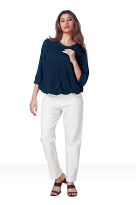 Partywear Round Neck Ribbed 3/4Th Sleeves Top-NAVY BLUE / XL