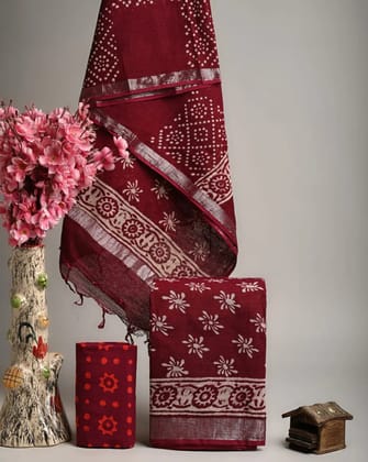 Linen Cotton Suits  Bagru Hand Block Printed Linen Suits With Zari BorderSize:-Top & Dupatta:- Linen Cotton  (2.50+2.50) mtrsBottom :-Cotton 2.50 mtrs.