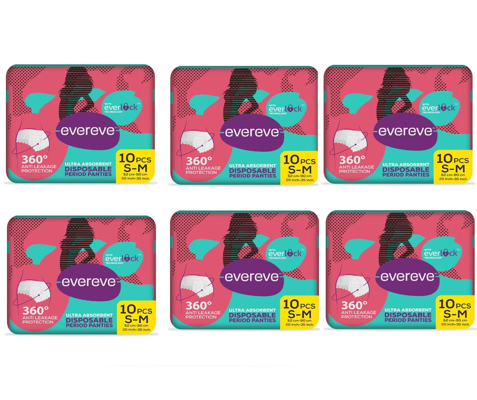 Evereve Ultra Absorbent Disposable Period Panties,S-M,6X10'S Pack,0% Leaks,Sanitary Protection For Women&Girls,Maternity Delivery Pads,360 Protection,Postpartum&Overnight Use,Heavy Flow,Pack Of 60