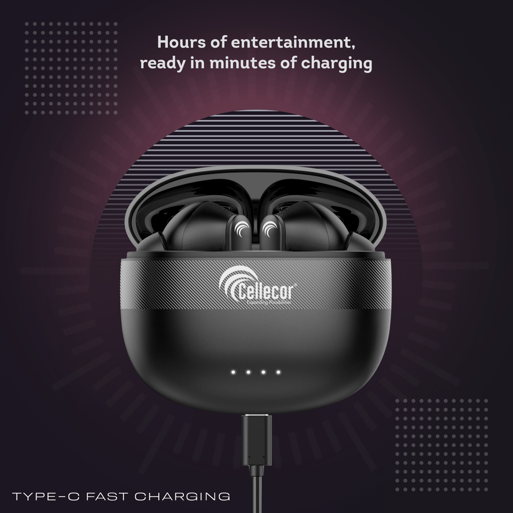 Cellecor BroPods CB03 Waterproof Earbuds With 30 Hours Playtime, Automatic Pairing, ENC Bluetooth-Black