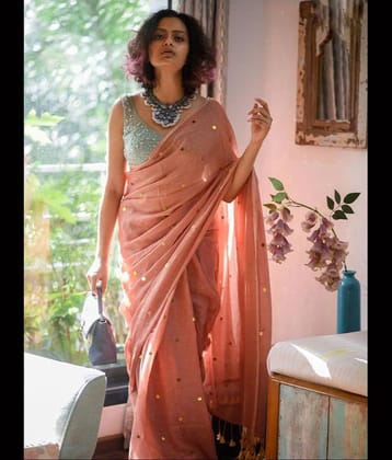 SARADA HANDLOOM Cotton Woven Tant Saree With Unstitched Blouse Piece ( Peach )