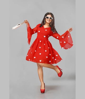A TO Z CART Women Georgette Printed Fit & Flare Dress ( Red )