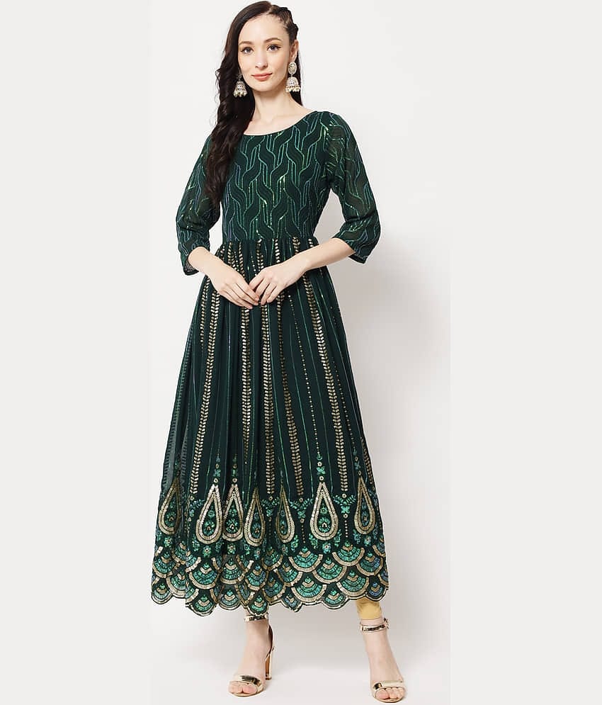 Estela - Green Straight Georgette Women's Stitched Ethnic Gown ( Pack of 1 )