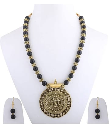 SILVERSHINE Traditional Designer Gold Oxidised Big Pendant Black Pearl mala set for Women girl