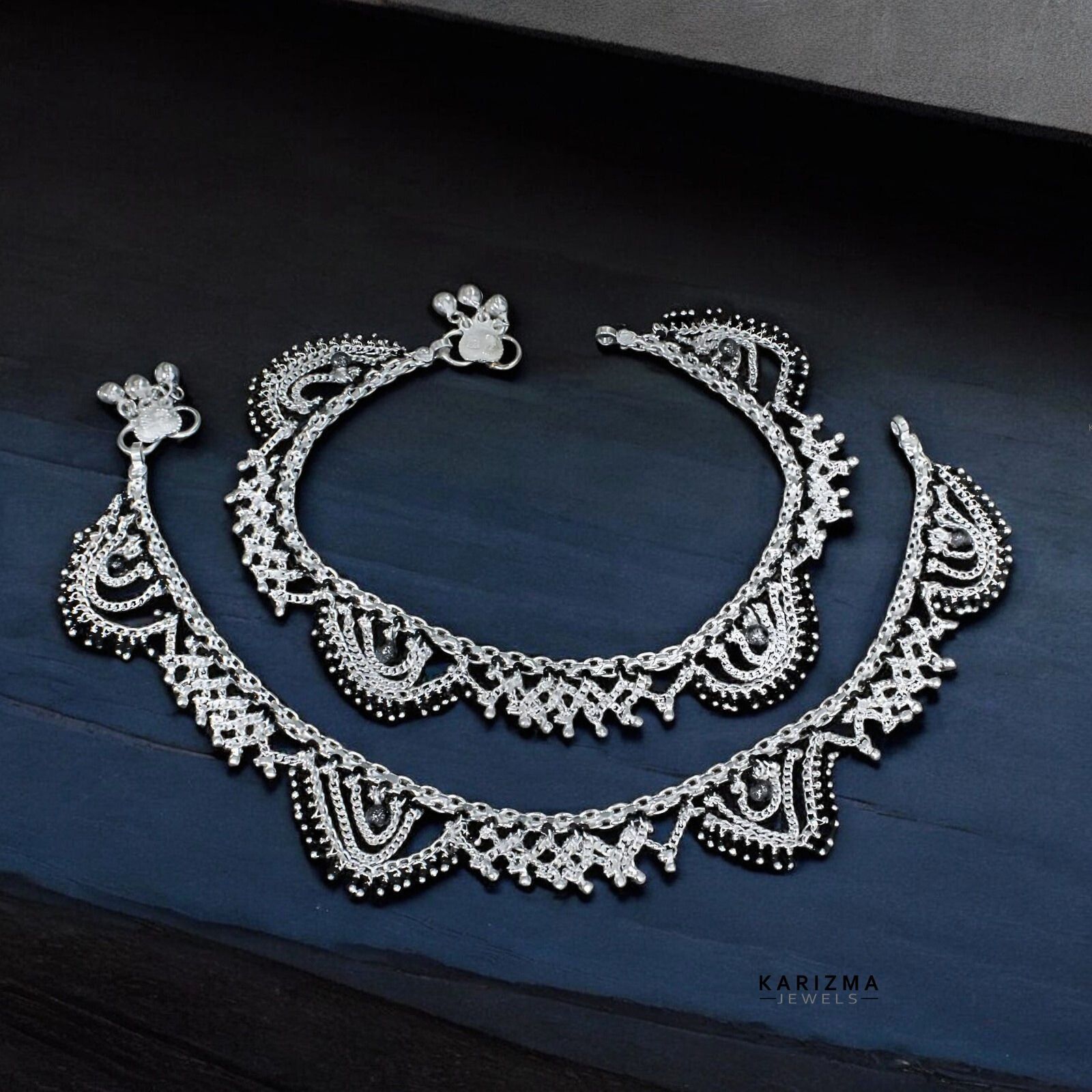 Real Sterling Silver Black Beads Indian women Jhallar Anklets Ankle Pair 10.5"