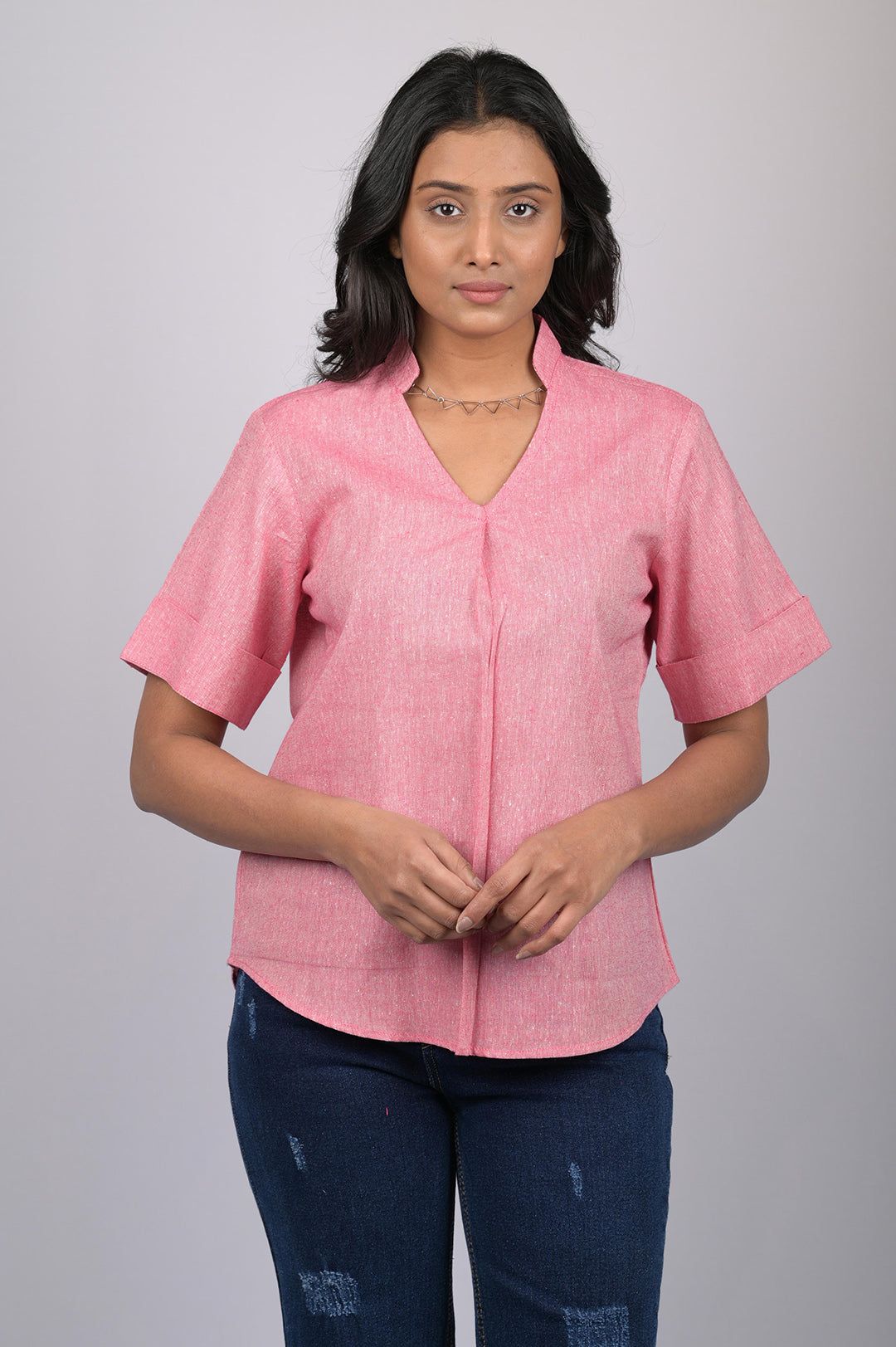 Western wear top for women western wear stylish and trending top short sleeve Light Pink V-Neck Top With Collar (OTL-TPS1060)-Pink / S