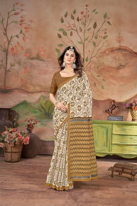 Handicraft Ladies Ikat Block Print Pure soft Cotton Sari With Blouse Piece