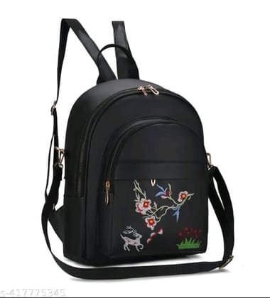 Black Floral Embroidered PU Leather Backpack