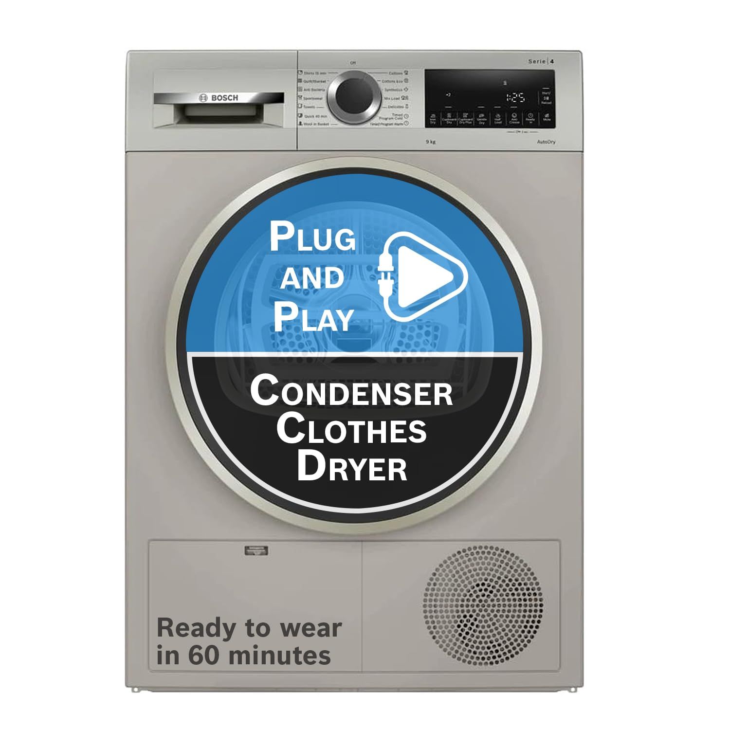 Bosch 9 kg Fully Automatic Front Load Condenser Tumble Dryer | 100% Drying, 0% Effort | 5 Drying Options |Reduces 99.9% Allergens |Ready-to-Wear No Crease (2026 model,WPG24108IN,Silver Inox) Bosch 9 kg Fully Automatic Front Load Condenser Tumble Dryer | 