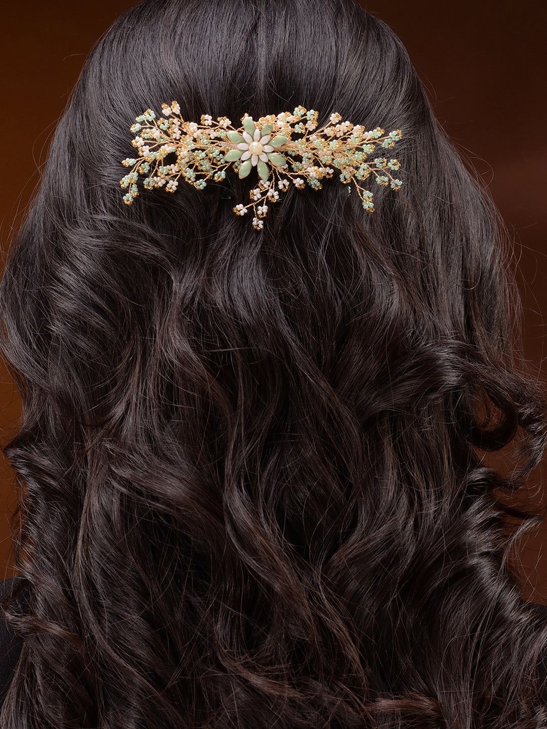 Gold Toned Green Pearl Beaded Bridal Hair pin