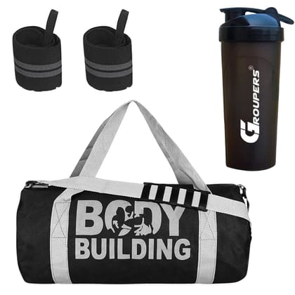 GROUPERS Duffle Canvas Bag with Shaker Bottle-700ml & Wrist BandlSports & Travel BaglSports Kitl (Black) GROUPERS Duffle Canvas Bag with Shaker Bottle-700ml & Wrist BandlSports & Travel BaglSports Kitl (Black)