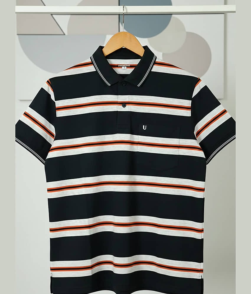 UNIBERRY Men Cotton Blend Regular Fit Striped Polo T Shirt ( Navy )
