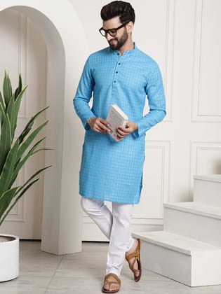 Men's Cotton Blend Checked Peacock Blue Kurta & Churidar Pyjama Set-36