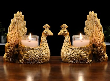 Dreamkraft Metal Dancing Peacock Pair | Vastu Figurine for Good Luck & Love | Votive Candle Holder | Home Decor Tabletop Living Room Office | Showpiece Statue | Gift Item | Set of 2 Pcs