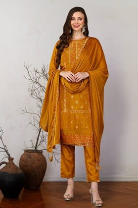 Silk Blend Mustard Embroidered Straight Suit Set PKSKD1803