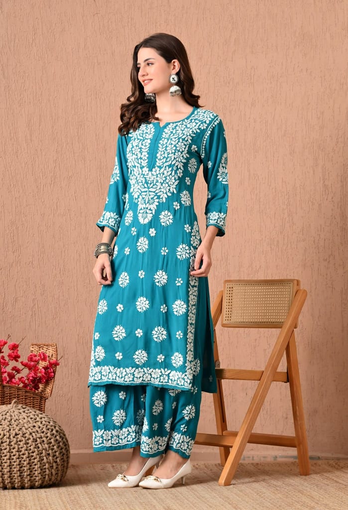 Hand Embroidered Chikankari 3d Work Plazo Set