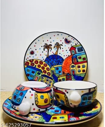 Hand Painted Scenerey Plates And Bowls Set Of 4Pcs|Cermco|