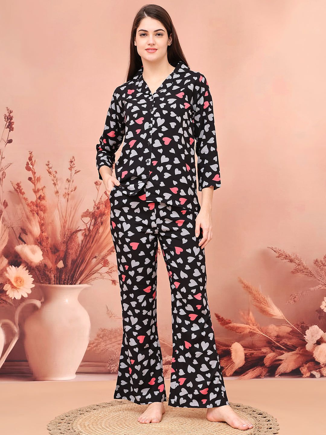 Black Color Abstract Printed  Night Suit  For Women-S
