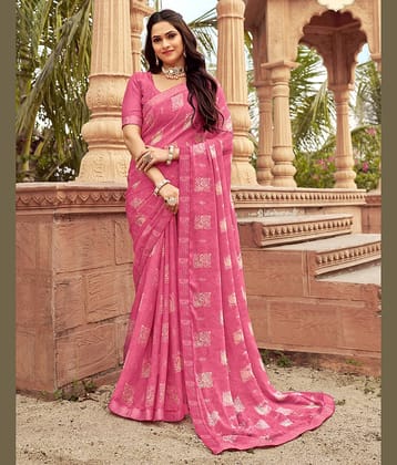 Samah Chiffon Printed Saree With Unstitched Blouse Piece ( Pink )