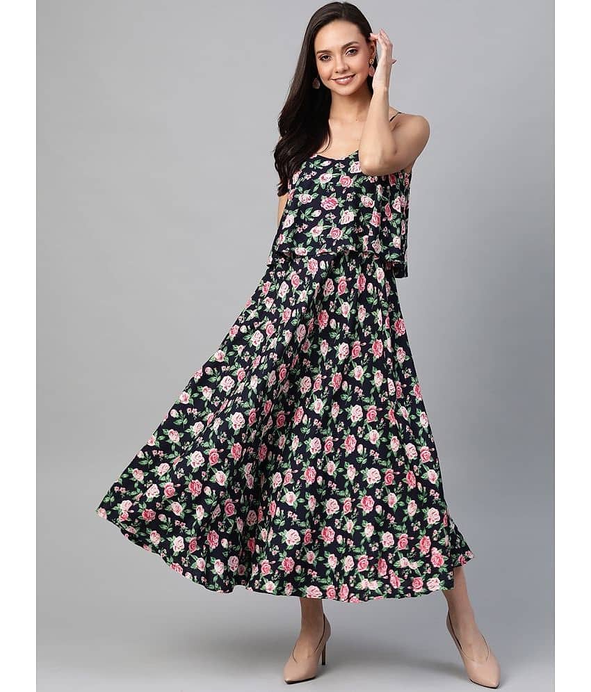 Yash Gallery Women Rayon Printed Gown ( Black )